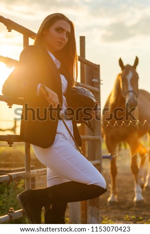 beautiful rider woman with whip stands against the backdrop of horses at sunset. soft light