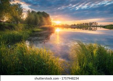 Beautiful river coast at sunset in summer. Colorful landscape with lake, green trees and grass, blue sky with multicolored clouds and orange sunlight reflected in water. Nature. Vibrant scenery - Powered by Shutterstock