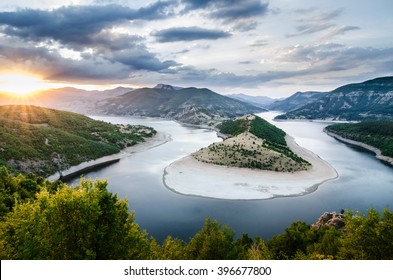beautiful river landscape sunset in rhodopes mountain bulgaria