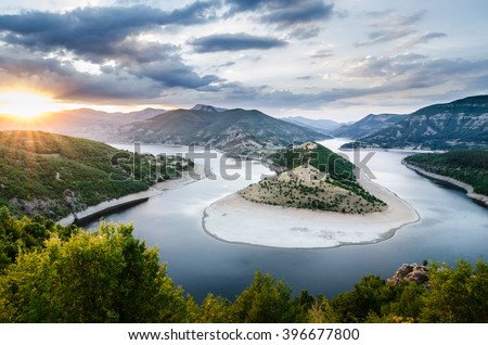 beautiful river landscape sunset in rhodopes mountain bulgaria