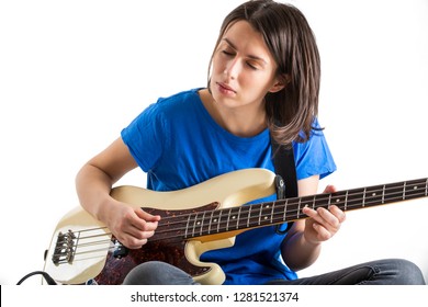 Beautiful Rock Girl Playing Bass Guitar