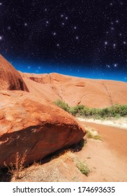 Beautiful Rocks Of Australian Outback Against Night Sky.