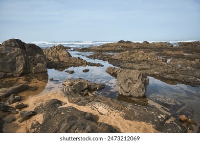 Beautiful rocky beach with numerous tide pools reflecting the sky, waves crashing in the background, and a clear blue sky. Ideal for nature, marine life, and coastal landscape themes. - Powered by Shutterstock