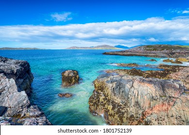 The beautiful rocky coastline at Traigh Seilebost on the Isle of Harris in the Outer Hebrides of Scotland