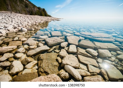 Beautiful rocky shoreline of Georgian Bay, near Tobermory, Bruce Peninsula National Park, Ontario Canada