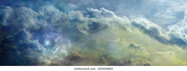 Beautiful Romantic Atmospheric Evening Cloudscape - Ultramarine blue and yellow ochre coloured clouds and sky with a nebula with a spiritual ethereal feel and copy space
 - Shutterstock ID 2024296832