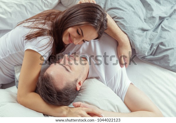 Beautiful Romantic Couple Foreplay Bed Stockfoto Jetzt