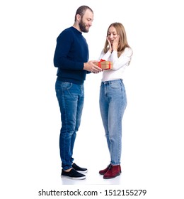 Beautiful Romantic Couple Woman And Man With Gift Box On White Background Isolation