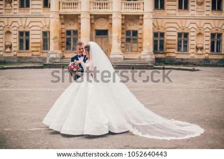 Beautiful romantic wedding couple of newlyweds hugging and kiss each other near old castle with columns and ancient door