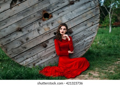 Beautiful Romantic Young Woman By The Old Wooden Fence. Outdoor Fashion.