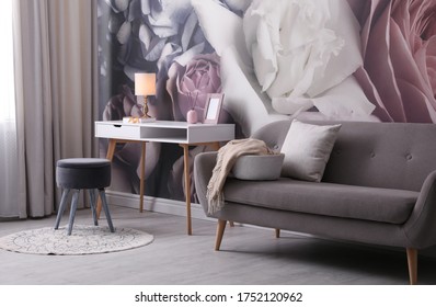 Beautiful room interior with stylish furniture and floral pattern on wall - Shutterstock ID 1752120962