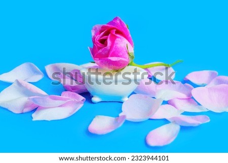 Beautiful rose resting gracefully on a miniature bathtub, while scattered rose petals adorn the surroundings on a serene blue background. Love, passion, self-care and luxurious indulgence concept.