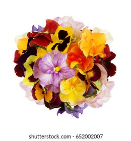 Beautiful Round Bouquet Of Pansies Isolated On White. Top View.