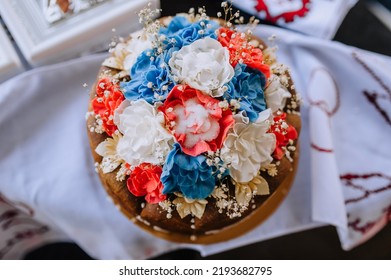 Beautiful Round, Decorated With Flowers And Salt, Wedding Ukrainian Loaf. Food Photography.