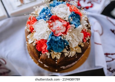 Beautiful Round, Decorated With Flowers And Salt, Wedding Ukrainian Loaf With A Towel. Food Photography.