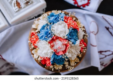 Beautiful Round, Decorated With Flowers And Salt, Wedding Ukrainian Loaf With A Towel Close-up. Food Photography, Top View.