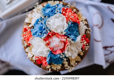 Beautiful Round, Decorated With Flowers And Salt, Wedding Ukrainian Loaf With A Towel Close-up. Food Photography.