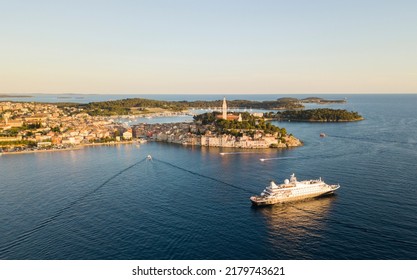 Beautiful Rovinj Town (popular Tourist Resort And An Active Fishing Port) At Sunset. Aerial Photo. The Old Town Of Rovinj, Istria, Croatia.