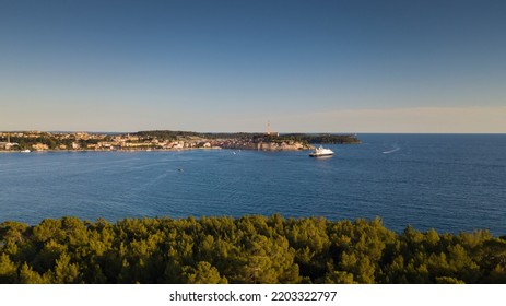 Beautiful Rovinj Town (popular Tourist Resort And An Active Fishing Port) At Sunset. Aerial Photo. The Old Town Of Rovinj, Istria, Croatia.