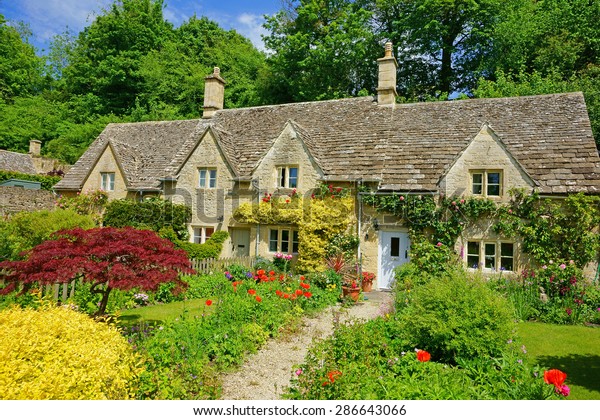 Beautiful Row Cotswold Country Cottages Gardens Stock Photo Edit