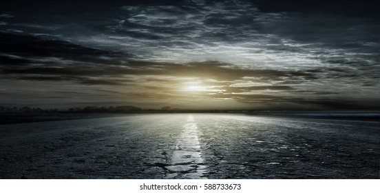  Beautiful, Rural, Dirt Road Between Fields Late At Night On The Background Of Beautiful Sunset Clouds.