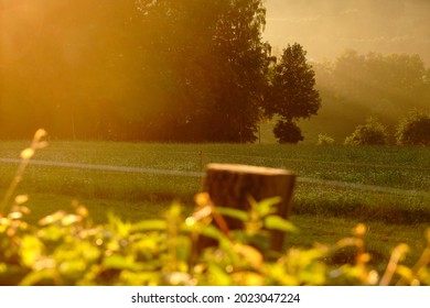 Beautiful Rural Summer Landscape With Agricultural Fields And Trees During Sunset. Seen In Germany In The Rhön Mountains In Summer