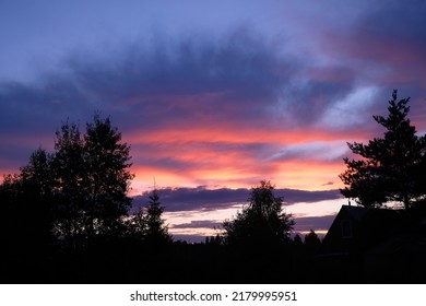 Beautiful rural sunset with dramatic colors behind  trees silhouettes in twilight