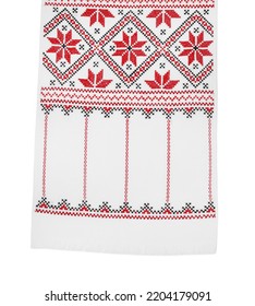 Beautiful Rushnyk On White Background, Top View. Ukrainian National Embroidery