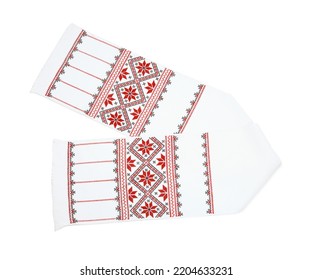Beautiful Rushnyk On White Background, Top View. Ukrainian National Embroidery