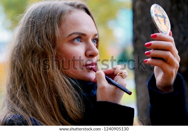 Beautiful Russian Girl Doing Makeup Blue Stock Photo Edit Now