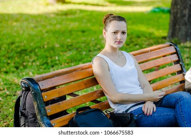 Beautiful Russian Girl Sitting On Bench Stock Photo 1066675583 ...