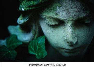 Beautiful Sad Angel. Portrait Of Ancient Statue. Fragment Of Sculpture. Religion, Faith, Death, Resurrection, Eternity Concept.