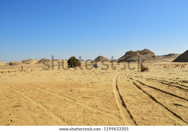 Beautiful Sahara landscape. Off-road\
car in the Ain el-Maqfi or Ain Abu Hawas desert. Extreme desert\
safari is one of the main local tourist attraction in\
Egypt