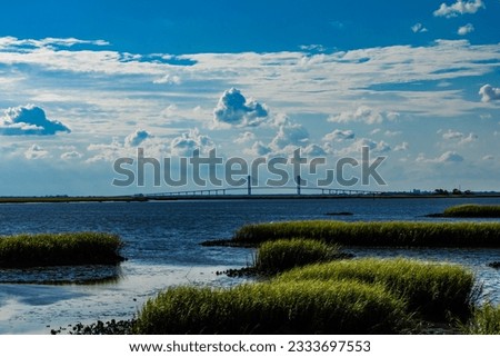 Beautiful saltwater marsh of Jekyll island Georgia with sun flare and sidney lanier bridge in background