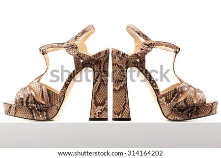 Beautiful sandals high-heeled shoes with thick pattern imitating snakeskin