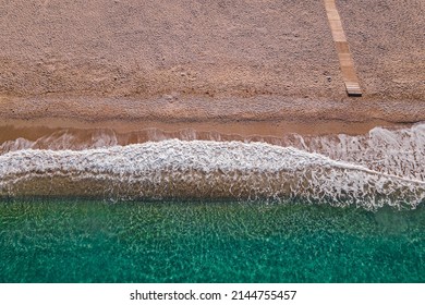 Beautiful Sandy Beach From Above. Aerial Drone View Empty Beach With Ocean Sea Waves, No People. 