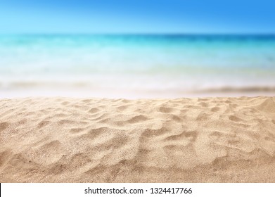 Beautiful Sandy Beach With Blur Ocean Background Summer Concept