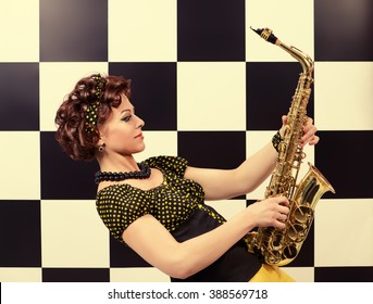 Beautiful Saxophone Player In Retro Style. Professional Musician. Beat Generation. 