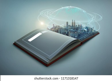 Beautiful Scene Of Modern City Skyline Pop Up In The Open Book Pages With Global World Telecommunication Network Connected Around Planet Earth .