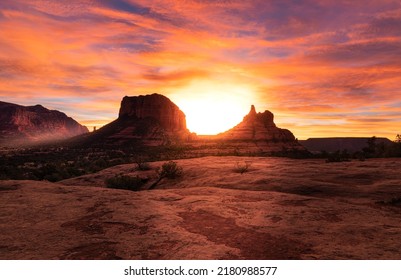 A Beautiful Scene Of The Monument Valley Sunset Under Colorful Sky In Sedona, Arizona