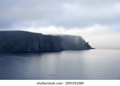 A beautiful scene of summer landscape with grazing reindeer, green cliff on water at Nordkapp, Norway
