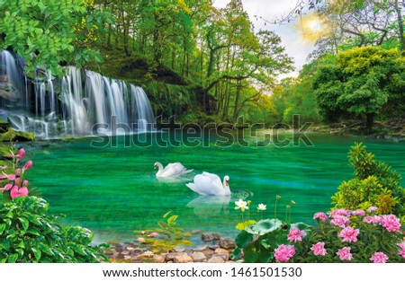 beautiful scenery in the afternoon. views of waterfalls and lakes on a sunny afternoon in the middle of the forest