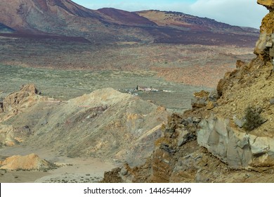 Beautiful Scenery Of Caldera And Roques De Garcia. View From The Mountain Range Surrounding The Teide Volcano. National Park Teide, Tenerife, Spain. Long Focus Lens Shot. 2400m Altitude.