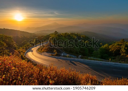 Beautiful scenery of Inthanon mountain and winding road in morning  on Doi Inthanon national park viewpoint, Chiang Mai, Thailand