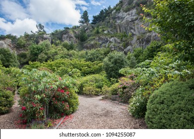 Beautiful Scenery With Lush Flora And Natural Rock Face At The Lady Thorn Rhododendron Dell Public Garden In Port Chalmers, New Zealand