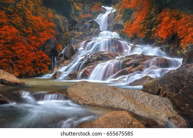 The Beautiful Scenery Of Natural Waterfall In The Rain Forest With A Lot Of Water And Stunning Visual Images.