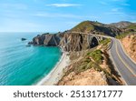 Beautiful scenery of Pacific Ocean coast along Highway 1 and Big Sur, wonderful aerial view of Bixby Bridge, sunset, sunrise, fog. Concept, travel, vacation, weekend.