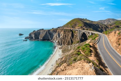 Beautiful scenery of Pacific Ocean coast along Highway 1 and Big Sur, wonderful aerial view of Bixby Bridge, sunset, sunrise, fog. Concept, travel, vacation, weekend. - Powered by Shutterstock