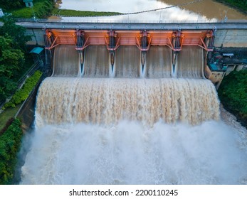 Beautiful Scenery Rainstorm Over The Dam Evening Aerial View Kiew Lom Dam, Lampang, Thailand, Water Management Concept.