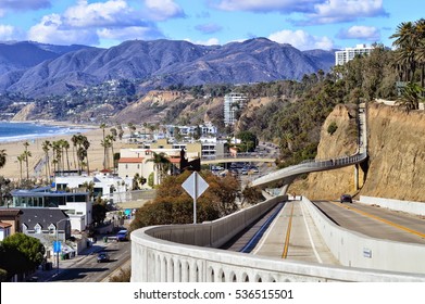  Beautiful Scenery Of The Santa Monica Gulf And Mountains Over Renewed Pacific Highway Descent. California.